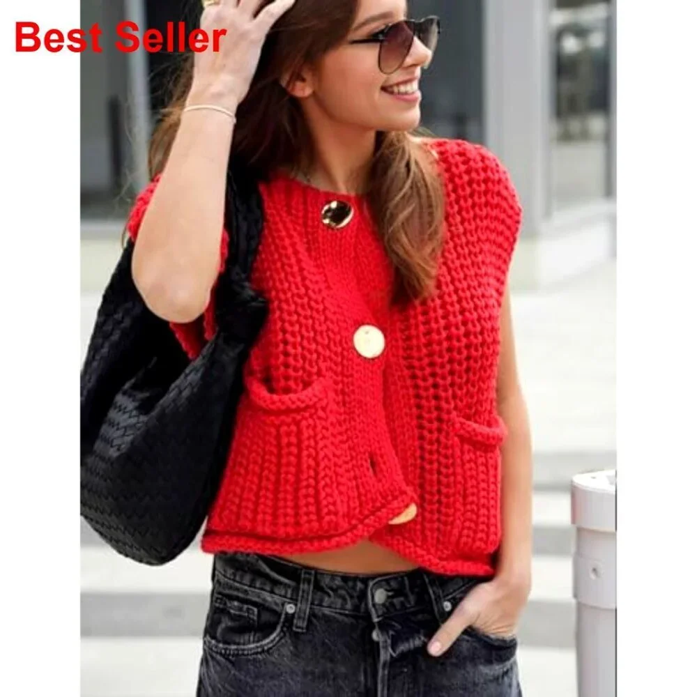 Sleeveless Crop Knit Cardigan Vest with Pockets Casual Button Down